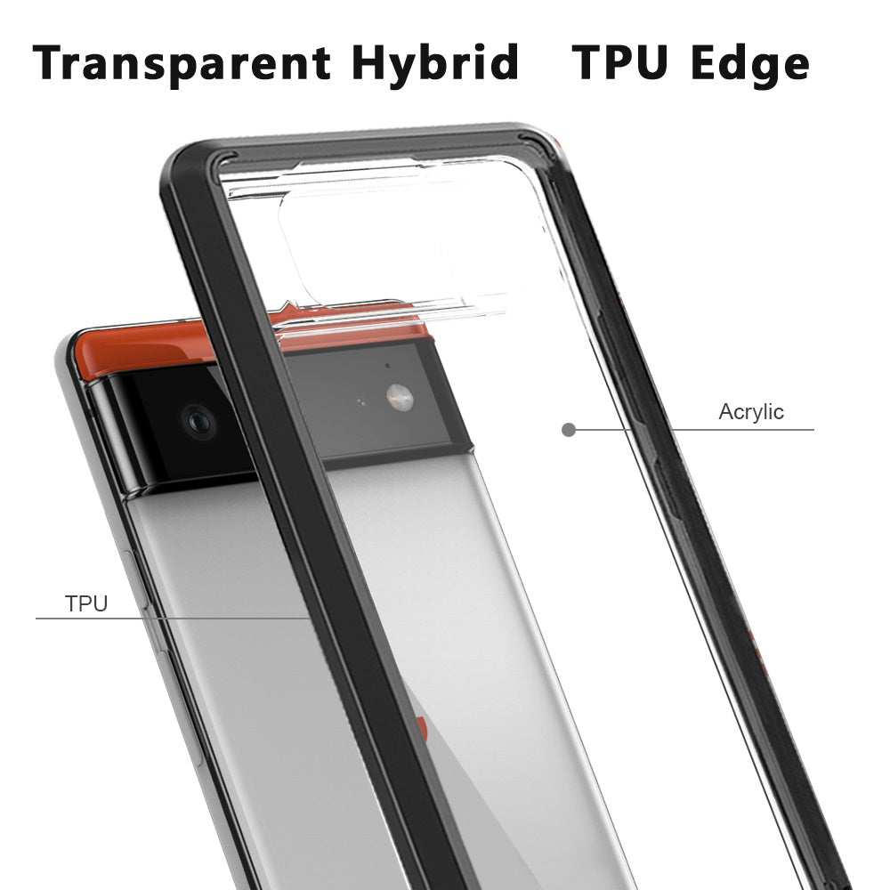 For Google Pixel 6 Hybrid Slim Crystal Clear Transparent Shock-Absorption Bumper with Soft TPU + Hard PC Back Frame Black Phone Case Cover