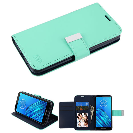 For Motorola Moto E6 PU Leather Wallet with Credit Card Holder Storage Folio Flip Pouch Stand Teal Green Phone Case Cover