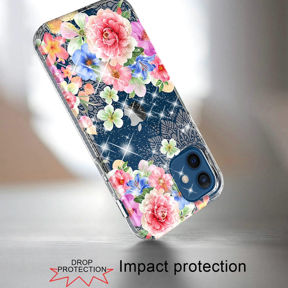 For Samsung Galaxy A72 5G Slim Hybrid Shiny Glitter Clear Floral Pattern Bloom Flower Design TPU Gel Hard PC Back  Phone Case Cover