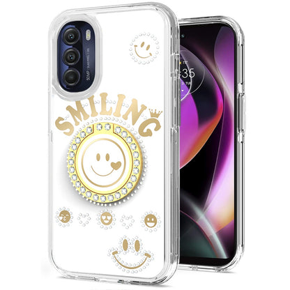 For Motorola Moto G 5G 2022 Smiling Glitter Ornament Bling Sparkle with Ring Stand Hybrid Slim TPU + Hard Back Shell  Phone Case Cover