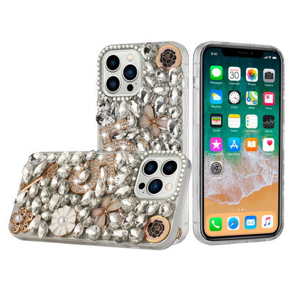 For Apple iPhone XR Bling Crystal 3D Full Diamond Luxury Sparkle Rhinestone Ornament Hybrid Protective Five Ornament Floral Phone Case Cover