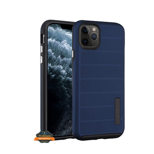 For Apple iPhone 11 (6.1") Texture Brushed Line Shockproof Rugged Shield Non-Slip Hybrid Dual Layers Soft TPU + Hard PC Back Navy Blue Phone Case Cover