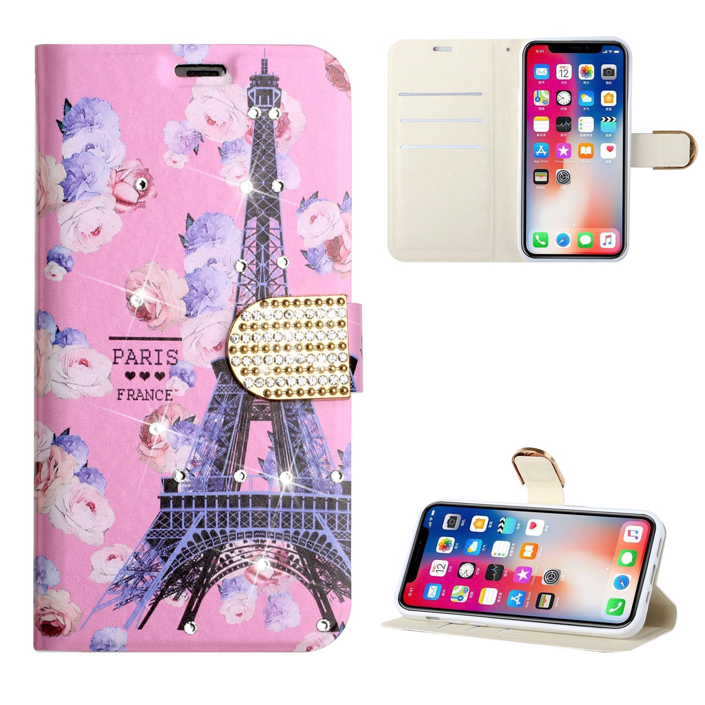 For Samsung Galaxy A02S Design Pattern PU Leather Wallet 3D Diamond Bling Buckle with Credit Card Slot & Stand Pouch Flip  Phone Case Cover