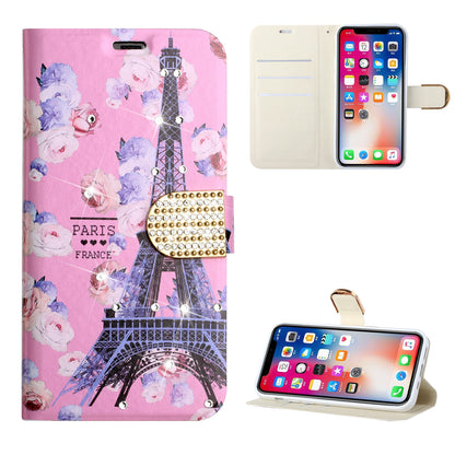 For Samsung Galaxy A02S Design Pattern PU Leather Wallet 3D Diamond Bling Buckle with Credit Card Slot & Stand Pouch Flip  Phone Case Cover