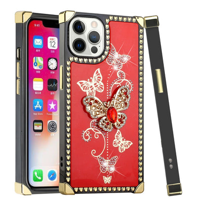 For Apple iPhone 12 /12 Pro (6.1") Fashion 3D Butterfly Square Hearts Diamonds Bling Sparkly Ornaments  Phone Case Cover