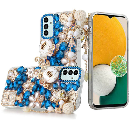 For Apple iPhone 12 /12 Pro (6.1") Bling Crystal 3D Full Diamonds Pearl Luxury Sparkle Rhinestone Glitter Hybrid Ultimate Multi Ornament Blue Phone Case Cover