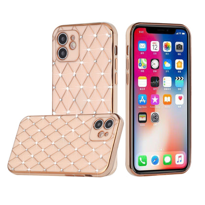 For Apple iPhone 14 (6.1") Luxury Diamonds on Electroplated Grid Design Rhinestone Protective TPU Hard PC  Phone Case Cover