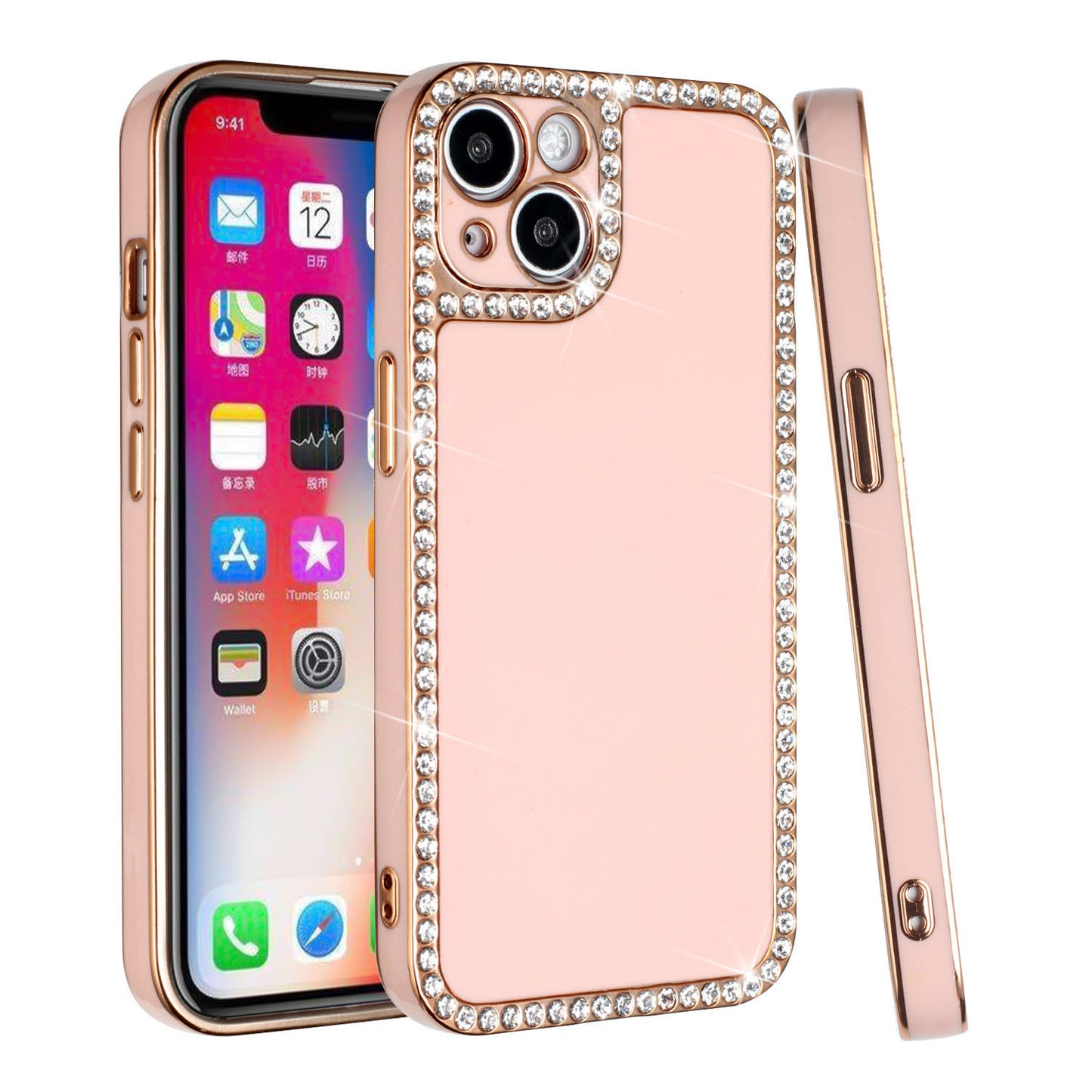 For Apple iPhone 13 /6.1" All Around 3D Diamonds Rhinestone Chrome Frame TPU Shiny Bling Glitter Protective  Phone Case Cover