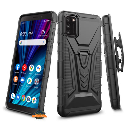 For TCL A3 /A509DL Hybrid Armor Kickstand with Swivel Belt Clip Holster Heavy Duty 3 in 1 Defender Shockproof Rugged Black Phone Case Cover