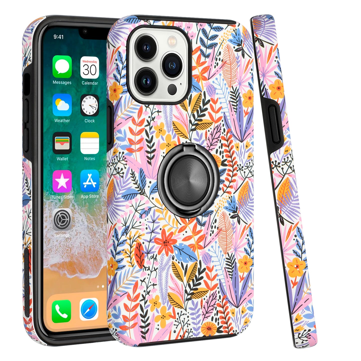 For Apple iPhone 14 /Plus Pro Max Fashion Pattern Design Magnetic Ring Stand Hybrid TPU Hard Back Shockproof  Phone Case Cover