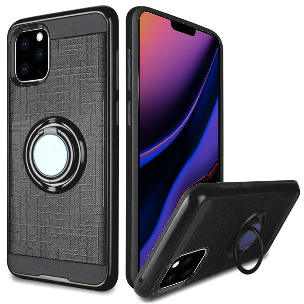 For Apple iPhone 13 Pro Max (6.7") Hybrid Ring Stand Brushed with 360 Rotating Ring Magnetic Bracket Dual Layer TPU Armor Texture Rugged  Phone Case Cover