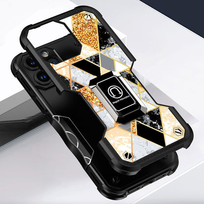 For Apple iPhone 11 (6.1") Marble IMD Stone Design Hybrid Armor with Magnetic Ring Stand Kickstand Heavy Duty Rugged  Phone Case Cover