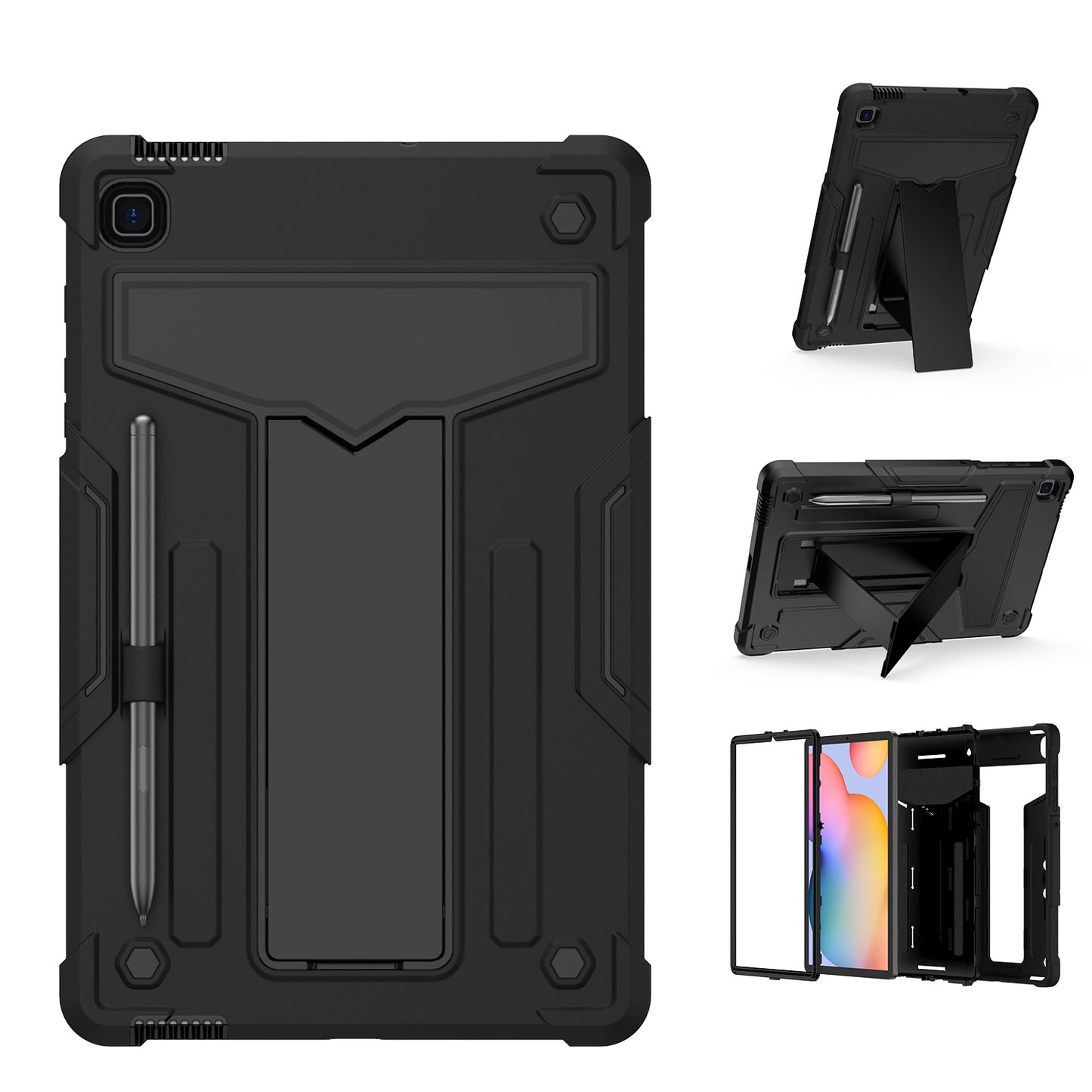 Case for Samsung Galaxy Tab S6 Lite 10.4" Tough Hybrid Kickstand Vertical 3in1 Shockproof Anti-Scratch PC + Silicone Aromr Tablet Black Tablet Cover