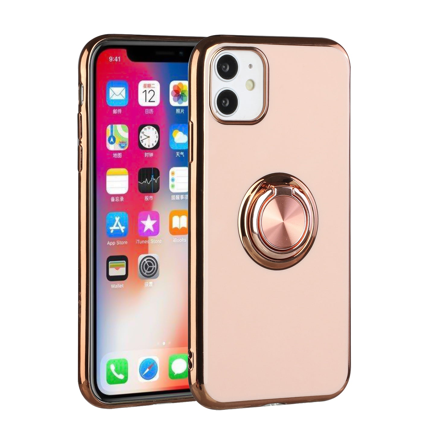 For Apple iPhone 11 (6.1") Slim Hybrid Metal Finger Ring Stand Electroplated Edges TPU Frame Shock-Absorption Bumper  Phone Case Cover