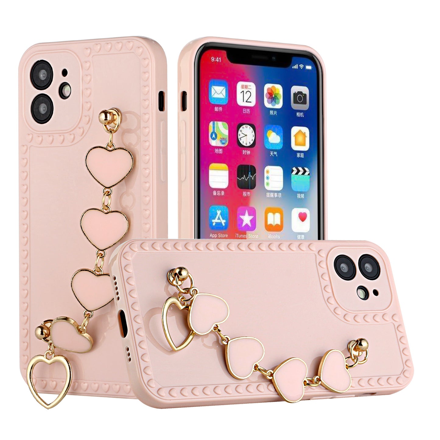 For Apple iPhone 12 Pro Max (6.7") Hybrid Soft TPU Rubber Cute Pattern with Love Heart Chain Wristband Bracelet Strap Protective  Phone Case Cover