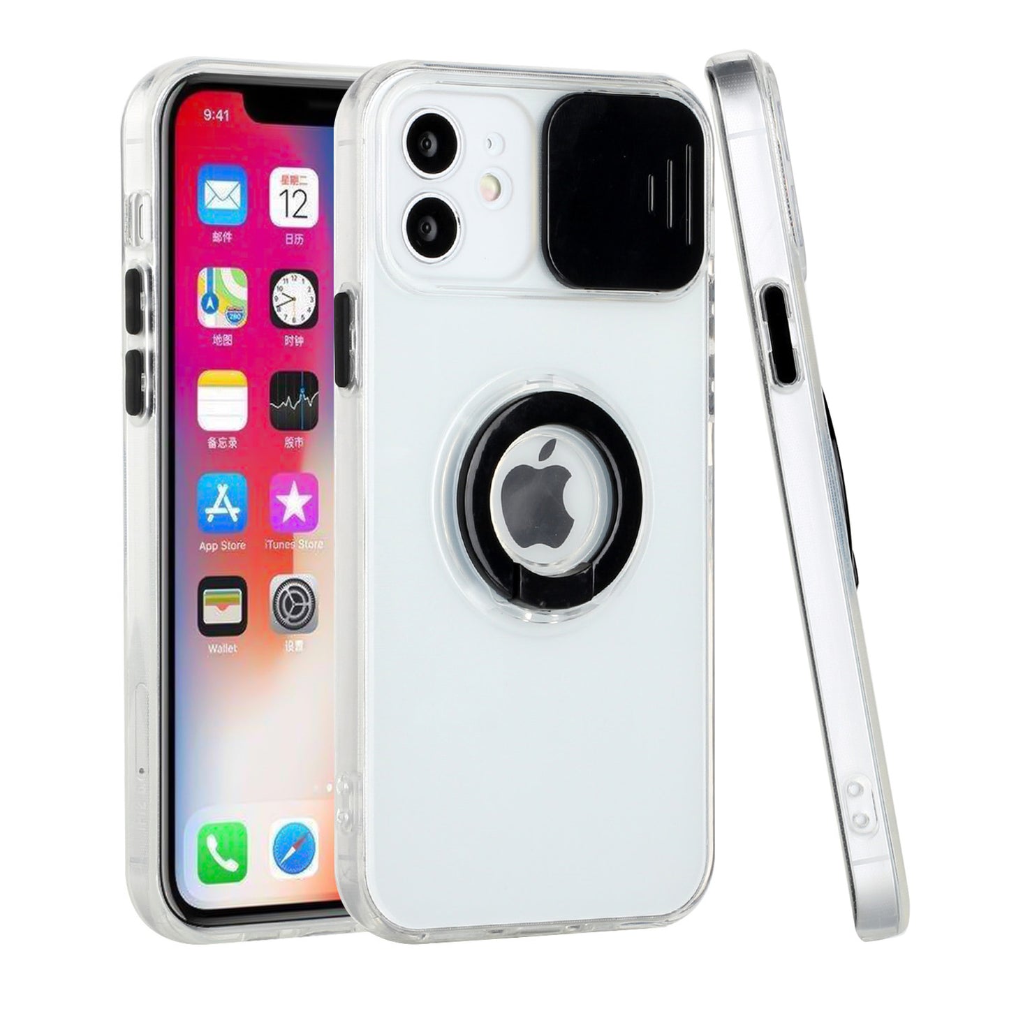 For Apple iPhone 13 Pro Max (6.7") Transparent Cases with Ring Stand & Camera Window, Slide Lens Protection Hybrid Shockproof  Phone Case Cover