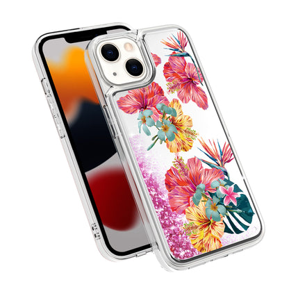 For Apple iPhone 14 (6.1") Floral Design Quicksand Water Flowing Liquid Floating Sparkle Colorful Bling Hybrid  Phone Case Cover