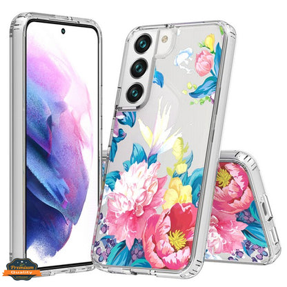 For Samsung Galaxy S22 Floral Patterns Design Transparent Soft TPU Silicone Shock Absorption Bumper Slim Hard PC Back  Phone Case Cover