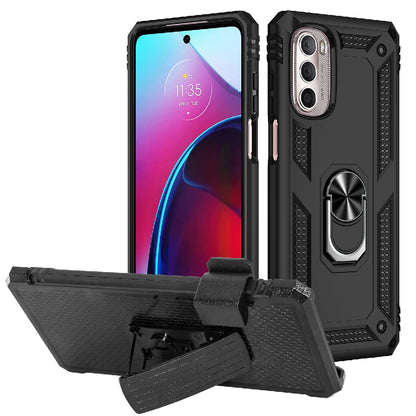 For Motorola Moto G Stylus 5G 2022 Hybrid 3in1 Holster Combo Belt Clip Armor Rugged with Ring Kickstand Shock-Absorption Black Phone Case Cover