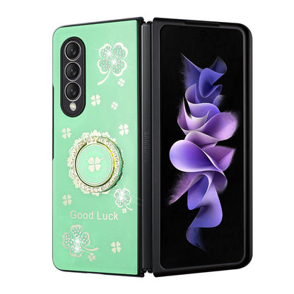 For Samsung Galaxy Z Fold 3 5G Diamond Bling Sparkly 3D Ornaments Engraving Hybrid Ring Stand Holder Fashion  Phone Case Cover