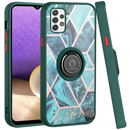 For Apple iPhone 14 (6.1") Unique Marble Design with Magnetic Ring Kickstand Holder Hybrid TPU Hard PC Shockproof  Phone Case Cover