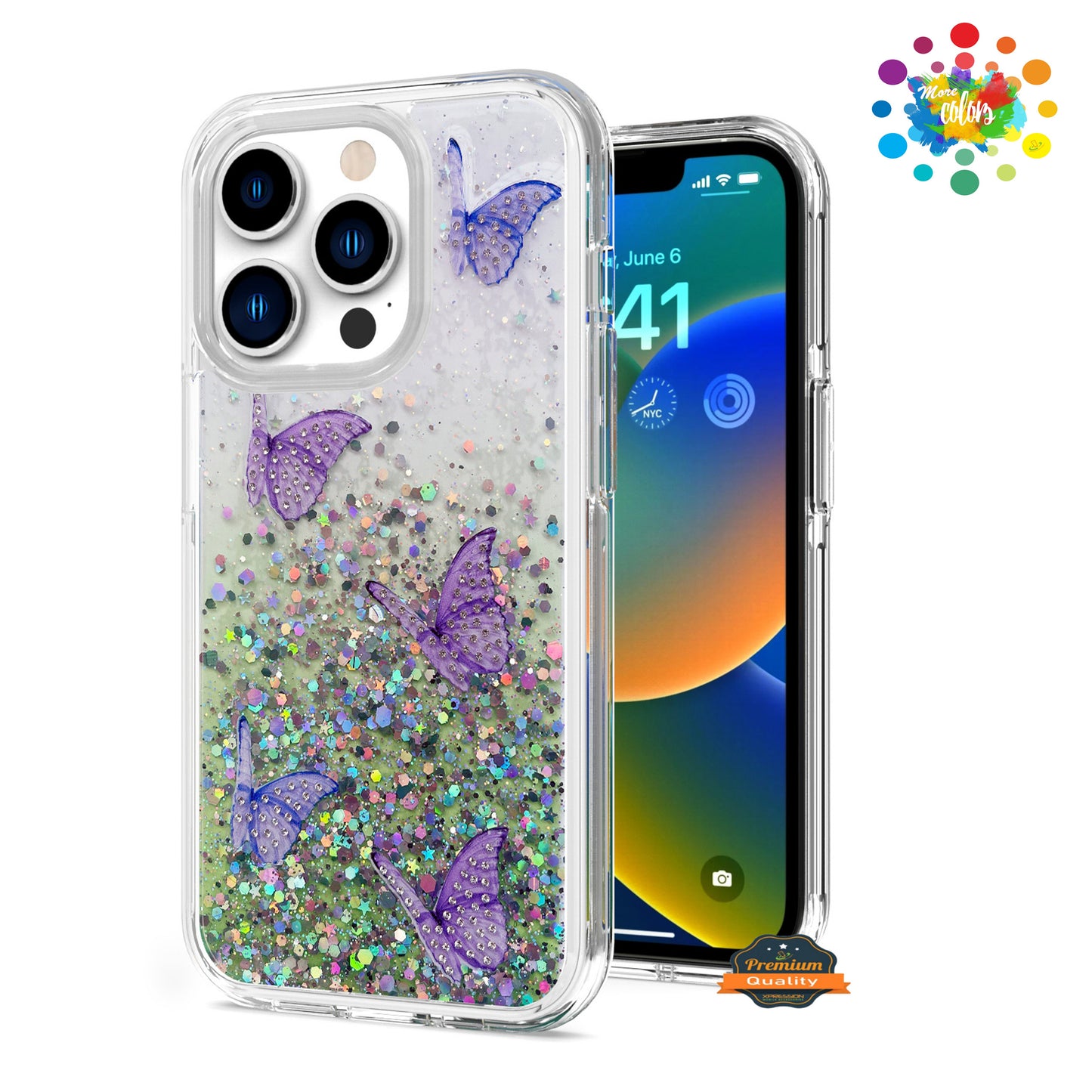 For Apple iPhone 11 (6.1") Butterflies Glitter Bling Shiny Sparkle Glittering Flake Hybrid Hard PC TPU Silicone Slim  Phone Case Cover