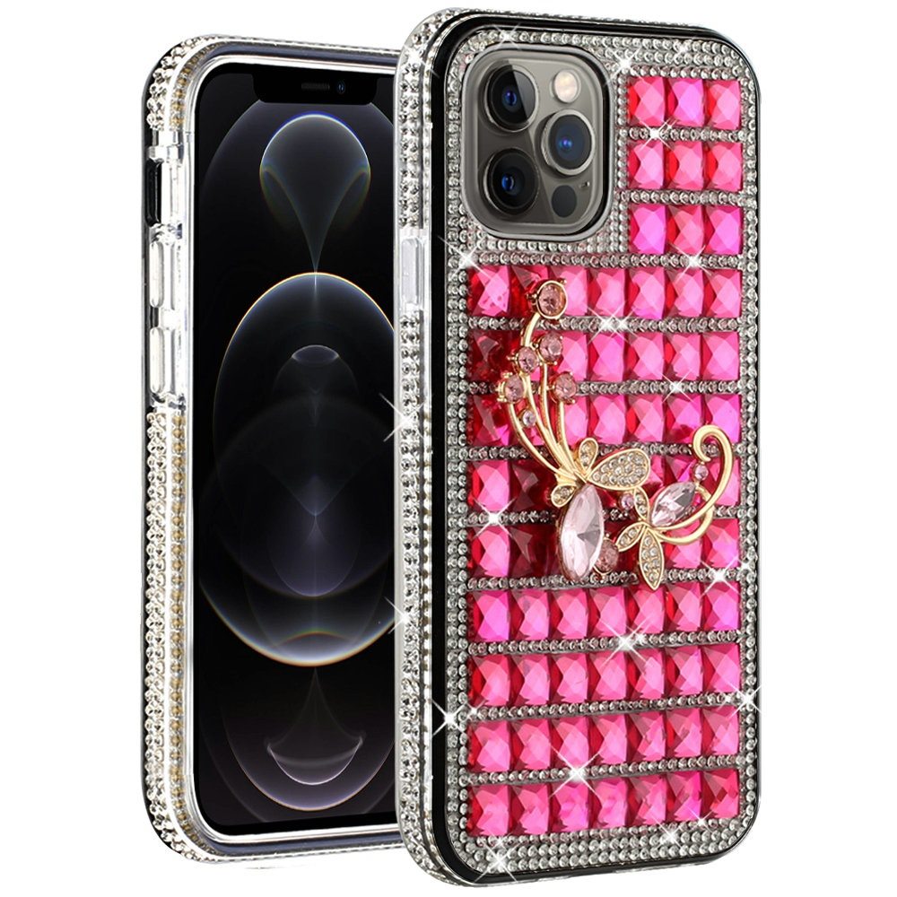 For Apple iPhone 12 Pro Max (6.7") Fashion Luxury 3D Bling Diamonds Rhinestone Jeweled Ornament Shiny Crystal Hybrid Hard  Phone Case Cover