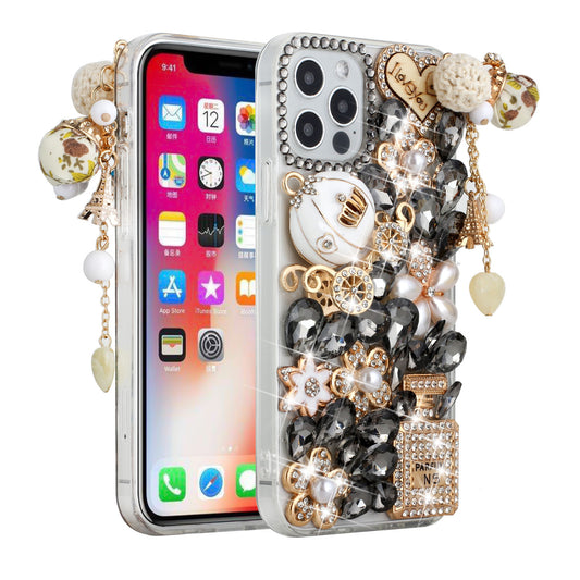 For Apple iPhone 12 /12 Pro (6.1") Bling Crystal 3D Full Diamonds Pearl Luxury Sparkle Rhinestone Glitter Hybrid Ultimate Multi Ornament Black Phone Case Cover