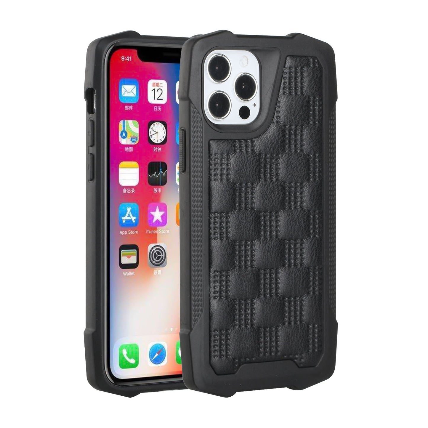 For Apple iPhone 13 Pro (6.1") PU Leather Design Lines Hybrid PC Hard Shockproof Armor Shell Bumper Soft Rubber Protection  Phone Case Cover