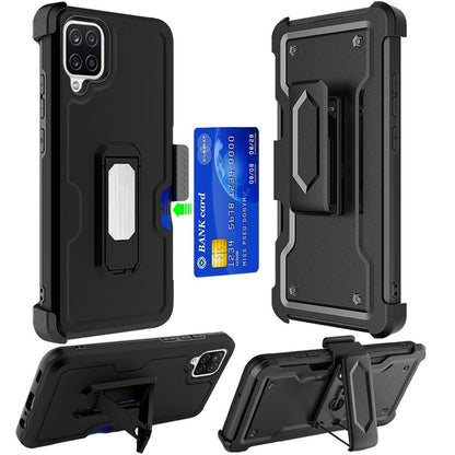 For Samsung Galaxy A12 5G Armor Belt Clip with Credit Card Holder, Holster, Kickstand Protective Full Body Heavy Duty Hybrid  Phone Case Cover