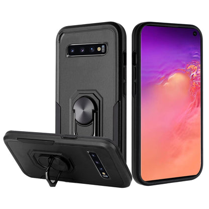 For Samsung Galaxy S10 Hybrid Tough Strong Dual Layer Hard PC TPU with Flat Magnetic Ring Kickstand Heavy-Duty Armor Black Phone Case Cover