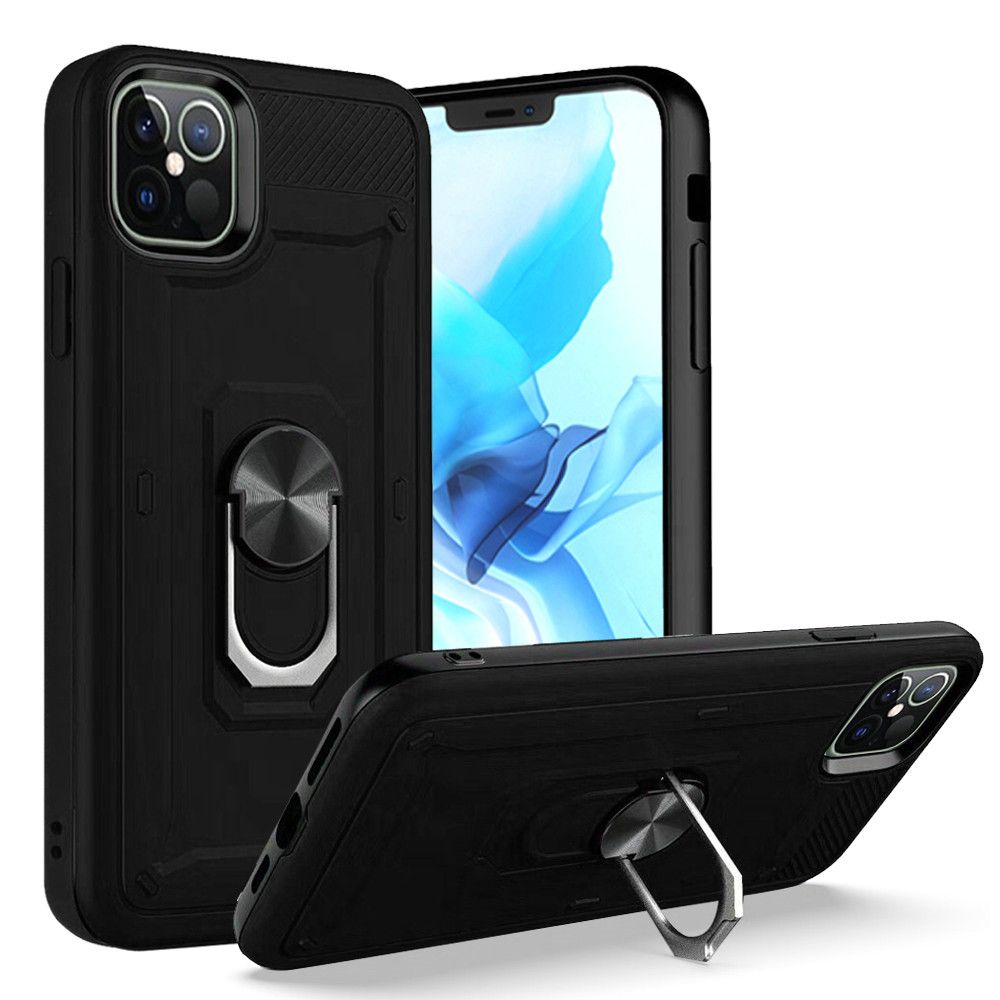 For Apple iPhone 12 Pro Max (6.7") Armor Hybrid Dual Layer 2in1 Military-Grade with 360° Rotating Metal Ring Holder Kickstand  Phone Case Cover