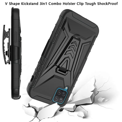 For Samsung Galaxy A12 5G 3 in 1 Rugged Swivel Belt Clip Holster Heavy Duty Tuff Hybrid Armor Rubber TPU with Kickstand Stand Black Phone Case Cover