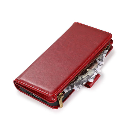 For Nokia C100 Luxury Leather Zipper Wallet Case 9 Credit Card Slots Cash Money Pocket Clutch Pouch with Stand & Strap Red Phone Case Cover