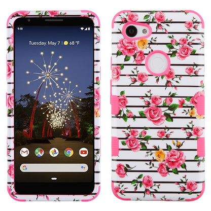 For Google Pixel 3A XL Hybrid Three Layer Hard PC Shockproof Heavy Duty TPU Rubber Anti-Drop Pink Roses Phone Case Cover