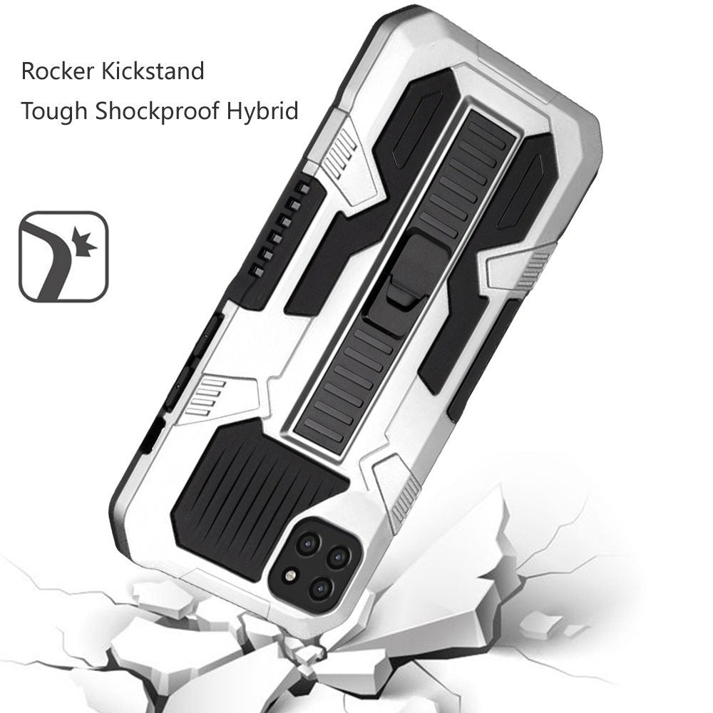 For Samsung Galaxy A22 5G Hybrid Tough Rugged [Shockproof] Dual Layer Protective with Kickstand Military Grade Hard PC + TPU Silver Phone Case Cover