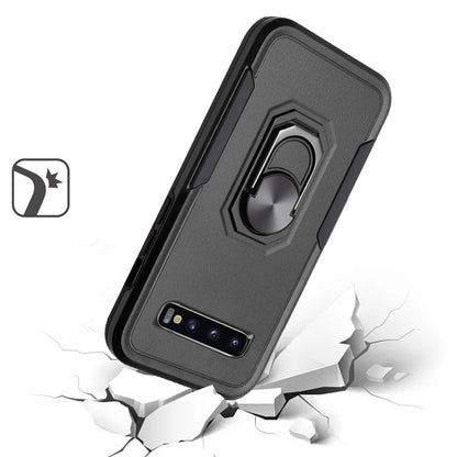 For Samsung Galaxy S10 Hybrid Tough Strong Dual Layer Hard PC TPU with Flat Magnetic Ring Kickstand Heavy-Duty Armor Black Phone Case Cover