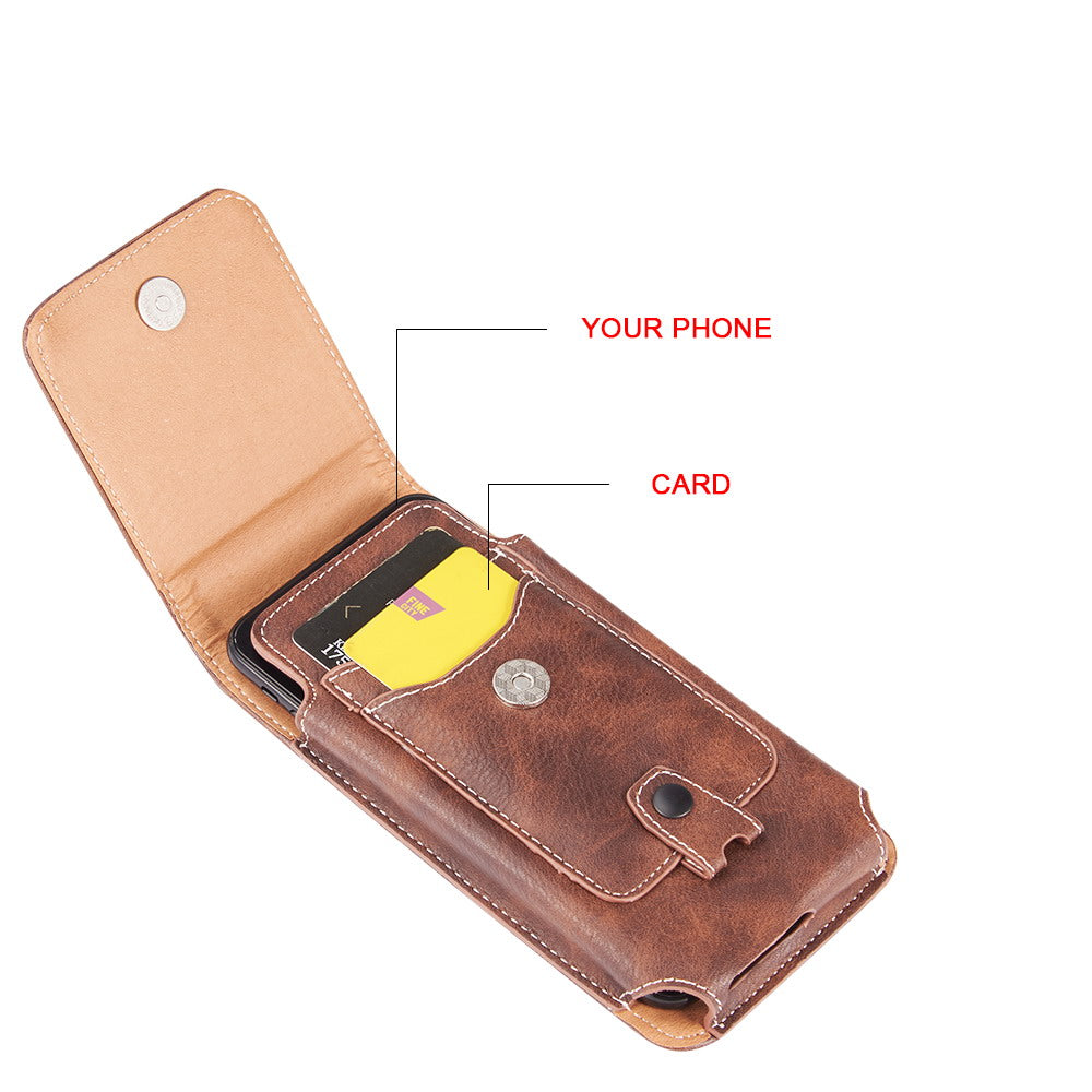 For Samsung Galaxy A23 5G Universal Vertical Leather Case Holster with Credit Card Holder, Belt Loop & Carabiner Carrying Phone Pouch [Brown]