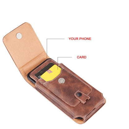 For Samsung Galaxy A23 5G Universal Vertical Leather Case Holster with Credit Card Holder, Belt Loop & Carabiner Carrying Phone Pouch [Brown]