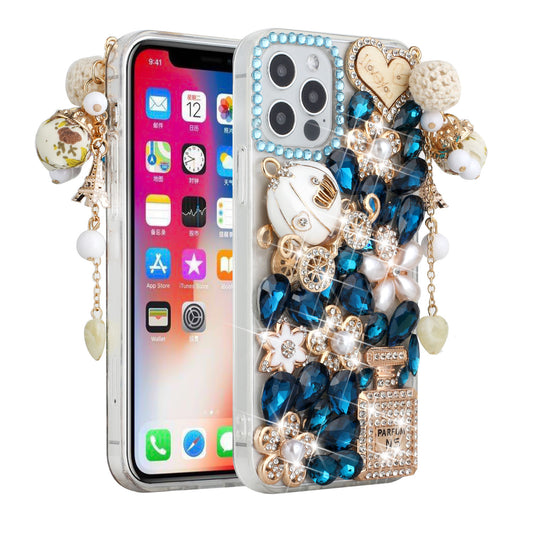 For Apple iPhone 12 /12 Pro (6.1") Bling Crystal 3D Full Diamonds Pearl Luxury Sparkle Rhinestone Glitter Hybrid Ultimate Multi Ornament Blue Phone Case Cover