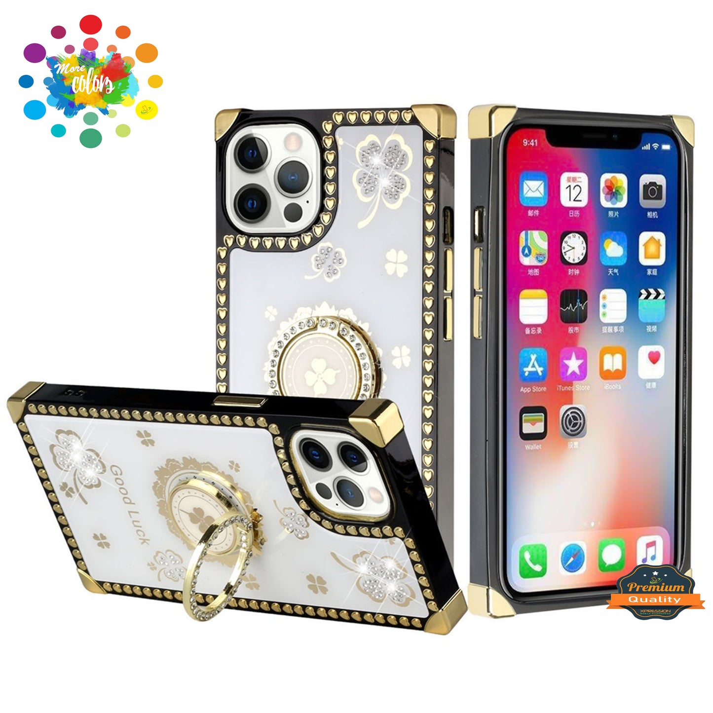 For Apple iPhone 13 (6.1") Fashion Art Square Hearts Diamond Bling Sparkly Glitter Ornaments with Ring Stand  Phone Case Cover