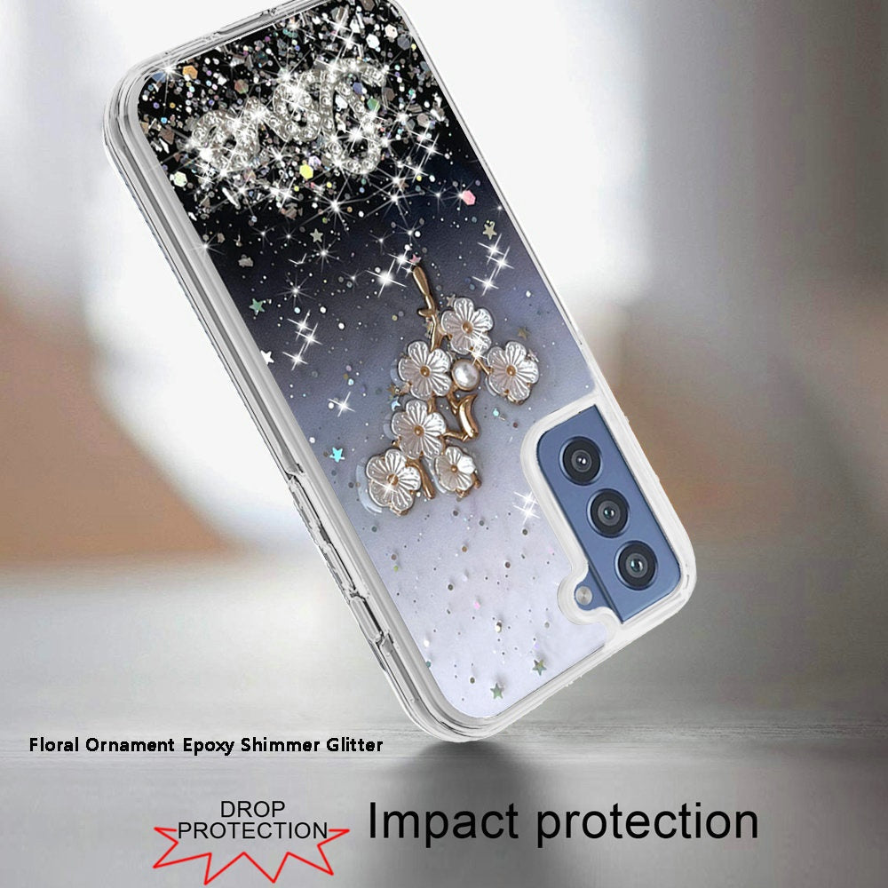 For Samsung Galaxy S22 /Plus Ultra Flowers Bling Glitter Iridescent Love Floral 3D Ornament Slim TPU Hybrid Sparkle Stars Shockproof  Phone Case Cover