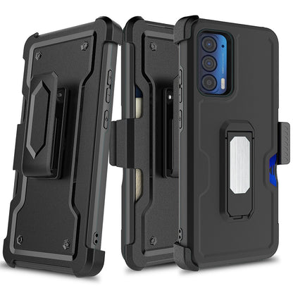 For Motorola Edge 2021 Armor Belt Clip Wallet Case with Credit Card Holder, Holster, Kickstand Protective Full Body Heavy Duty Hybrid Black Phone Case Cover