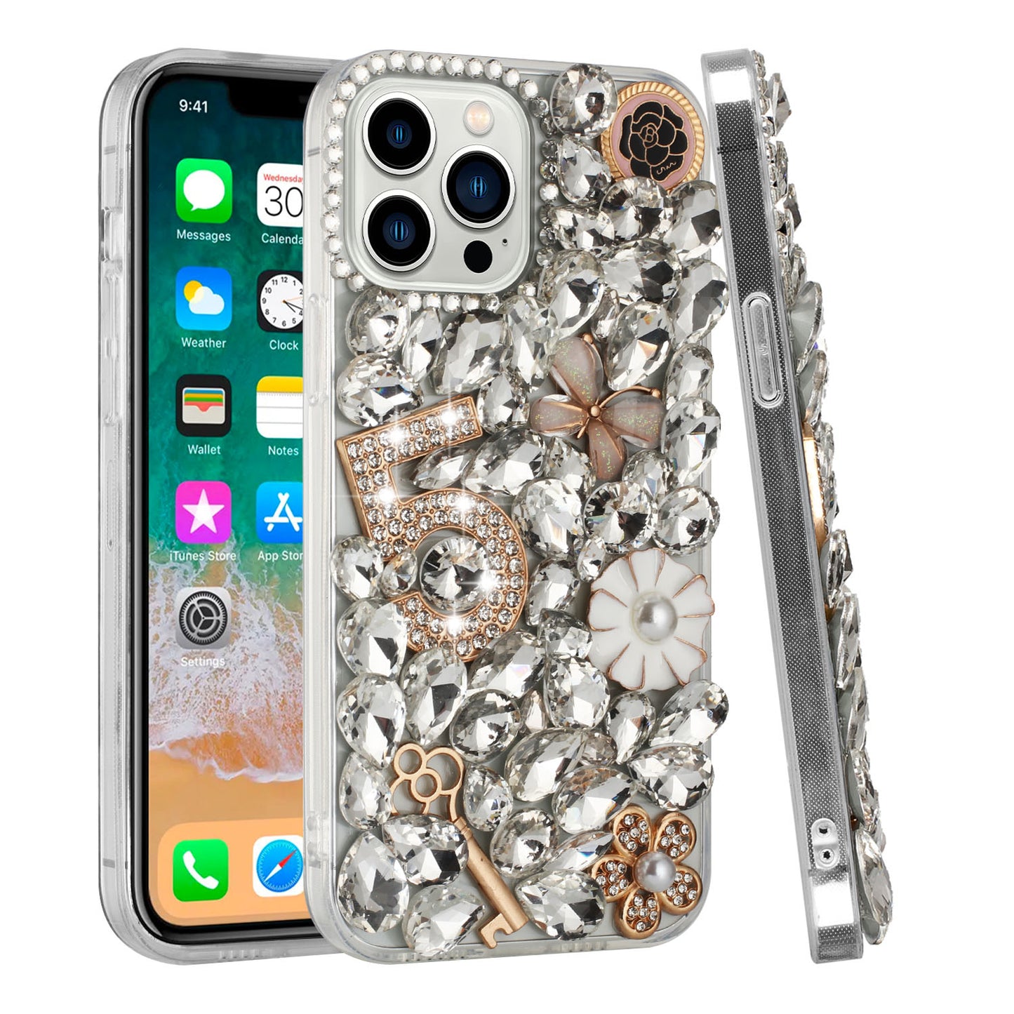 For Apple iPhone XR Bling Crystal 3D Full Diamond Luxury Sparkle Rhinestone Ornament Hybrid Protective Five Ornament Floral Phone Case Cover