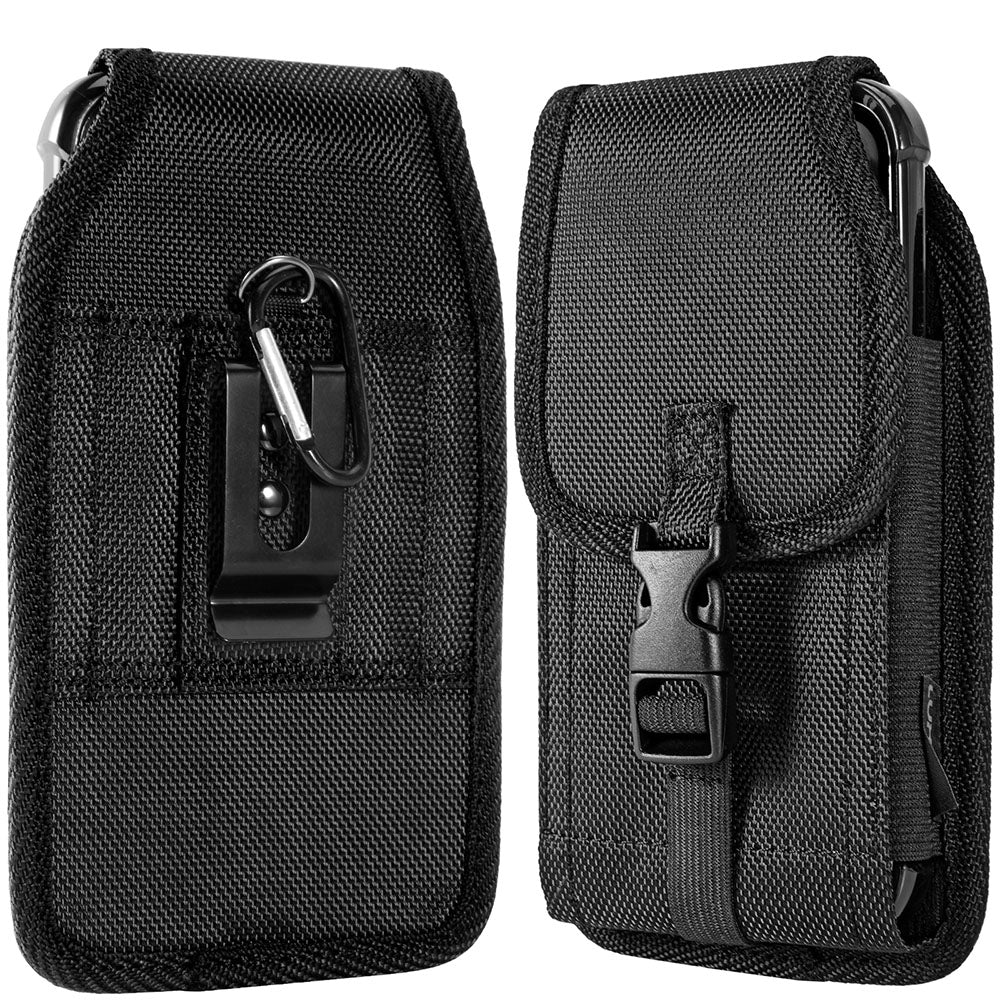 For Samsung Galaxy A23 5G Universal Pouch Case Vertical Phone Holster Nylon Cover with Front Buckle, Belt Clip Loop & Hook Carabiner [Black]