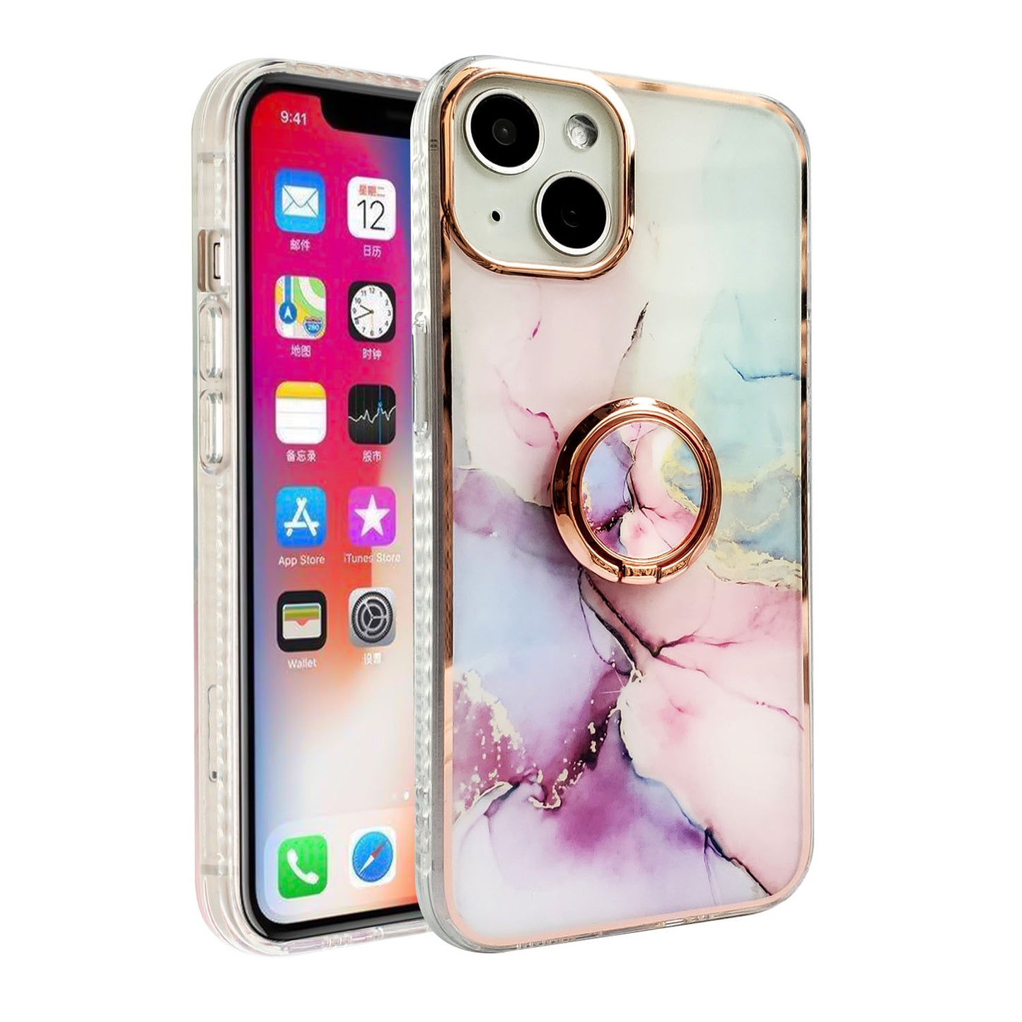 For Apple iPhone 11 (6.1") Pattern Fashion Design Chromed Edge IMD with Ring Kickstand Hybrid TPU Hard Back  Phone Case Cover