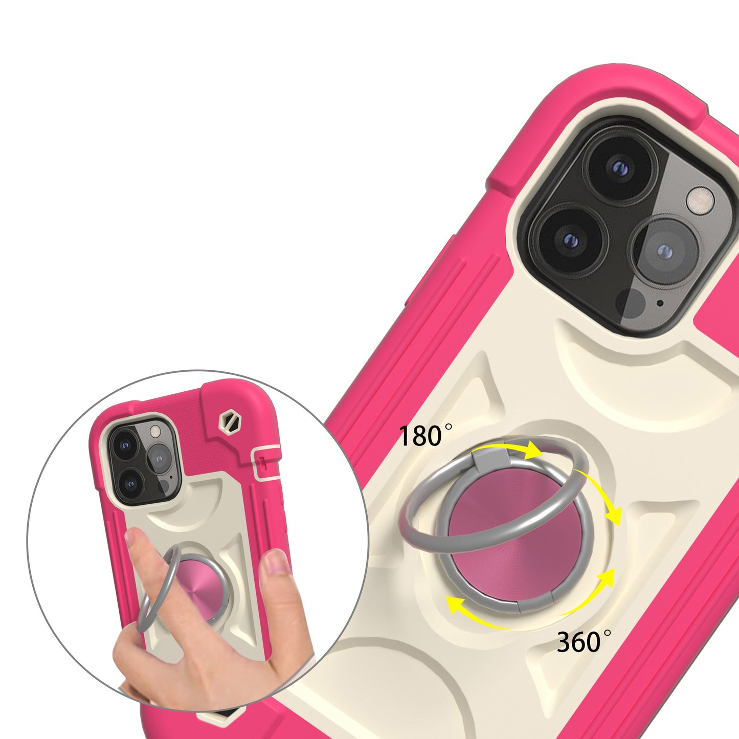 For Apple iPhone 11 (6.1") Armor Thick 3in1 Hybrid Rugged TPU Shock-Absorbing with Rotatable Double Rings Kickstand Hot Pink Phone Case Cover