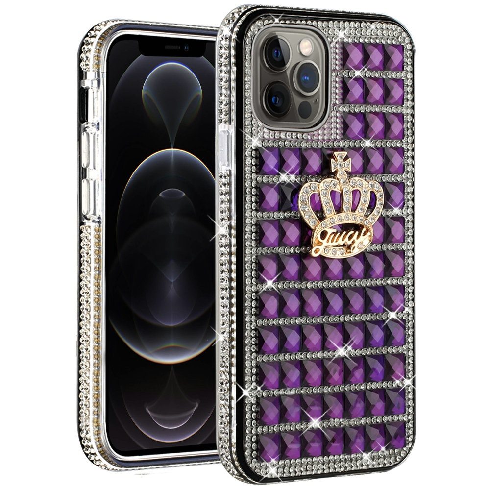 For Apple iPhone 12 Pro Max (6.7") Fashion Luxury 3D Bling Diamonds Rhinestone Jeweled Ornament Shiny Crystal Hybrid Hard  Phone Case Cover