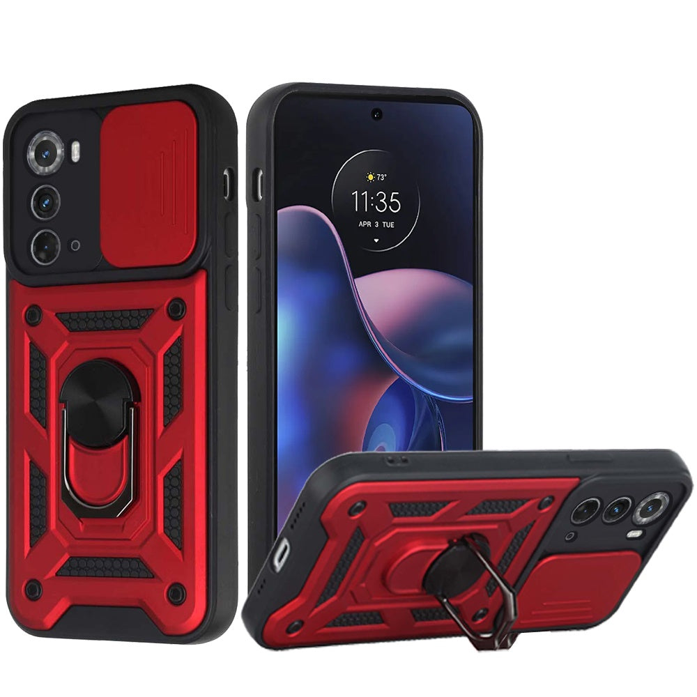 For Motorola Moto Edge 2022 Hybrid Cases with Slide Camera Lens Cover and Ring Holder Kickstand Rugged Dual Layer  Phone Case Cover