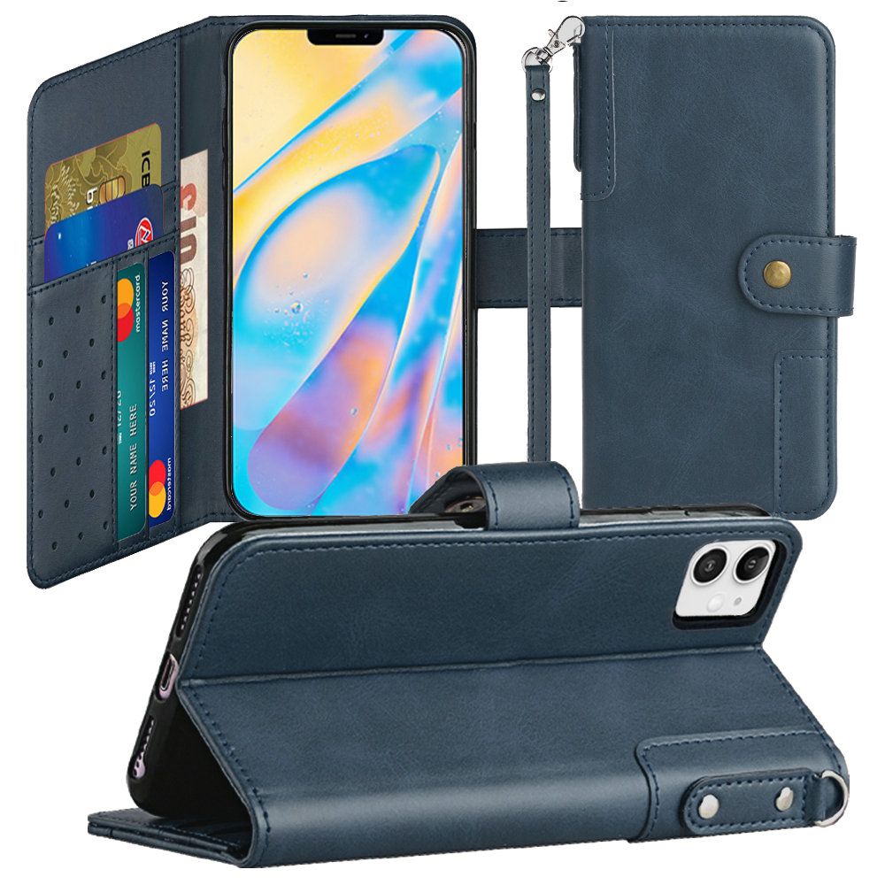 For Apple iPhone 11 (6.1") Wallet Case with Credit Card Holder, PU Leather Flip Pouch Kickstand & Strap TPU Protective  Phone Case Cover